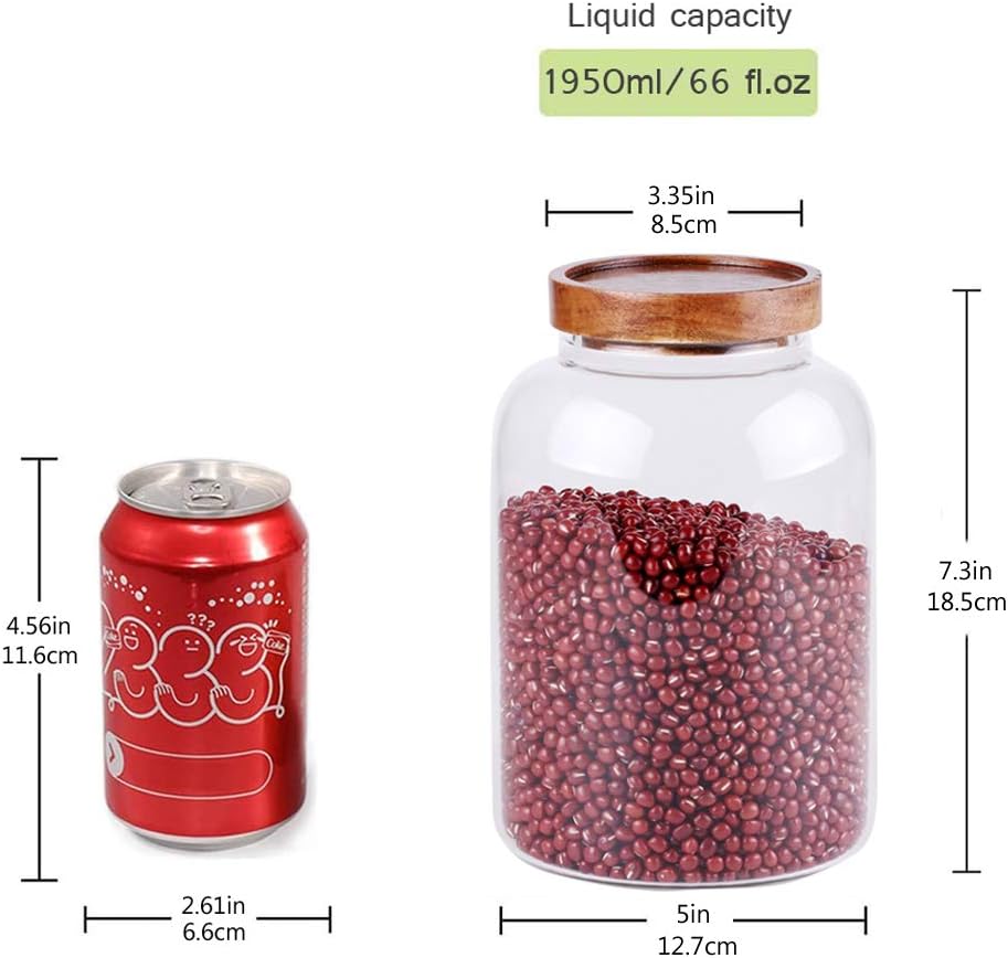 Large Glass Food Canisters, 66 FL OZ(1950ml) Kitchen Serving Stoarge Container with Airtight Acacia Lids, Cereal Dispenser Jars for Spaghetti Pasta, Powder, Spice, Tea, Coffee(7.6inch high)
