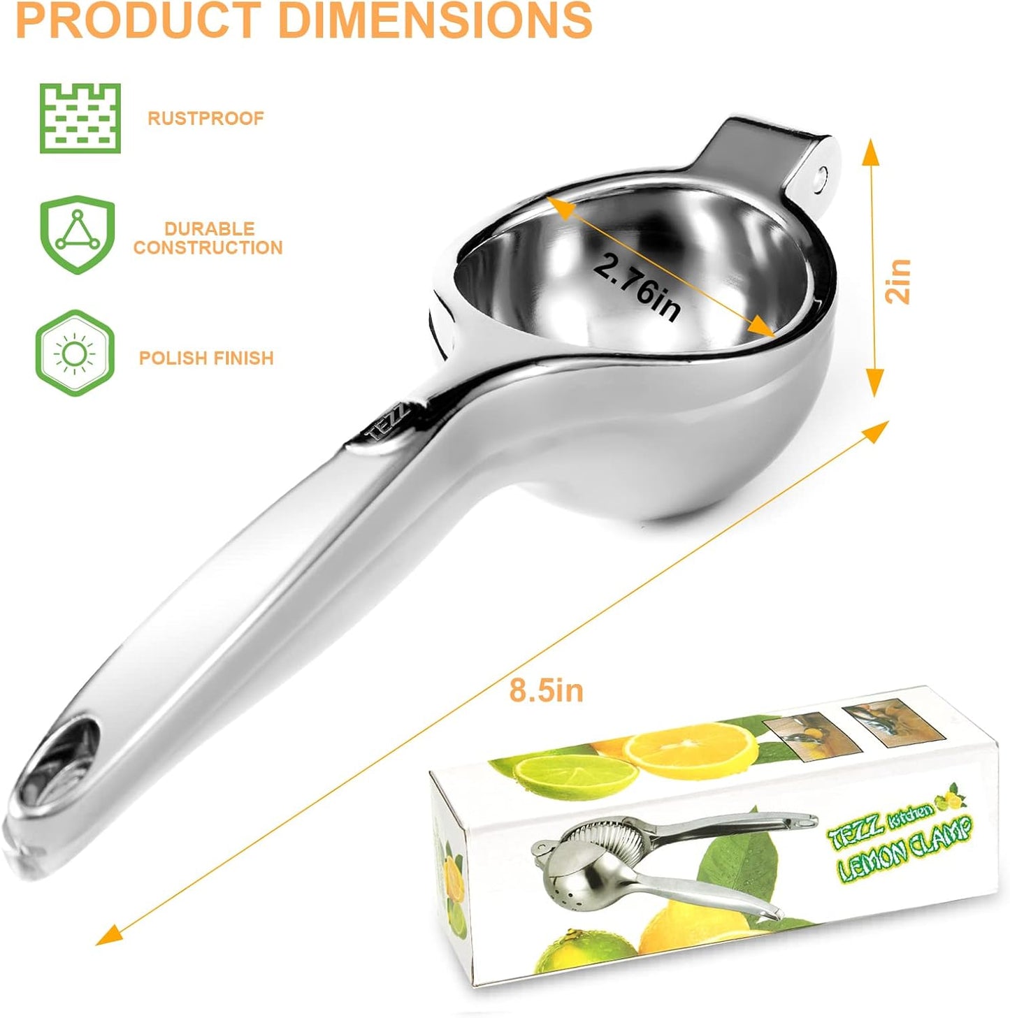 TEZZ Premium Lemon Squeezer, Large Heavy Duty Handhelp Juicer for Lemon, Metal Hand Press Citrus Juicer, Lime Squeezer Bar Tool, Manual Citrus Press