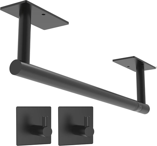 Paper Towel Holder Under Cabinet, Self Adhesive or Wall Mounted SUS304 Stainless Steel Paper Towel Holder for Kitchen, Bathroom(2 Towel Hooks, Matte Black)