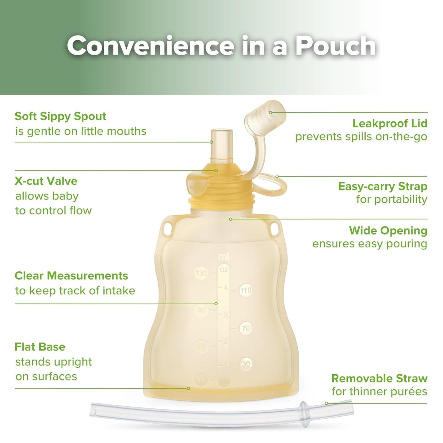 haakaa Pouch Reusable Baby Food Pouch, Reusable Pouches for Toddlers Kids Squeezable Pouch, Washable Freezer - Make Homemade Organic Food for Babies/Toddlers, 4oz, 2 Pack (Yellow)