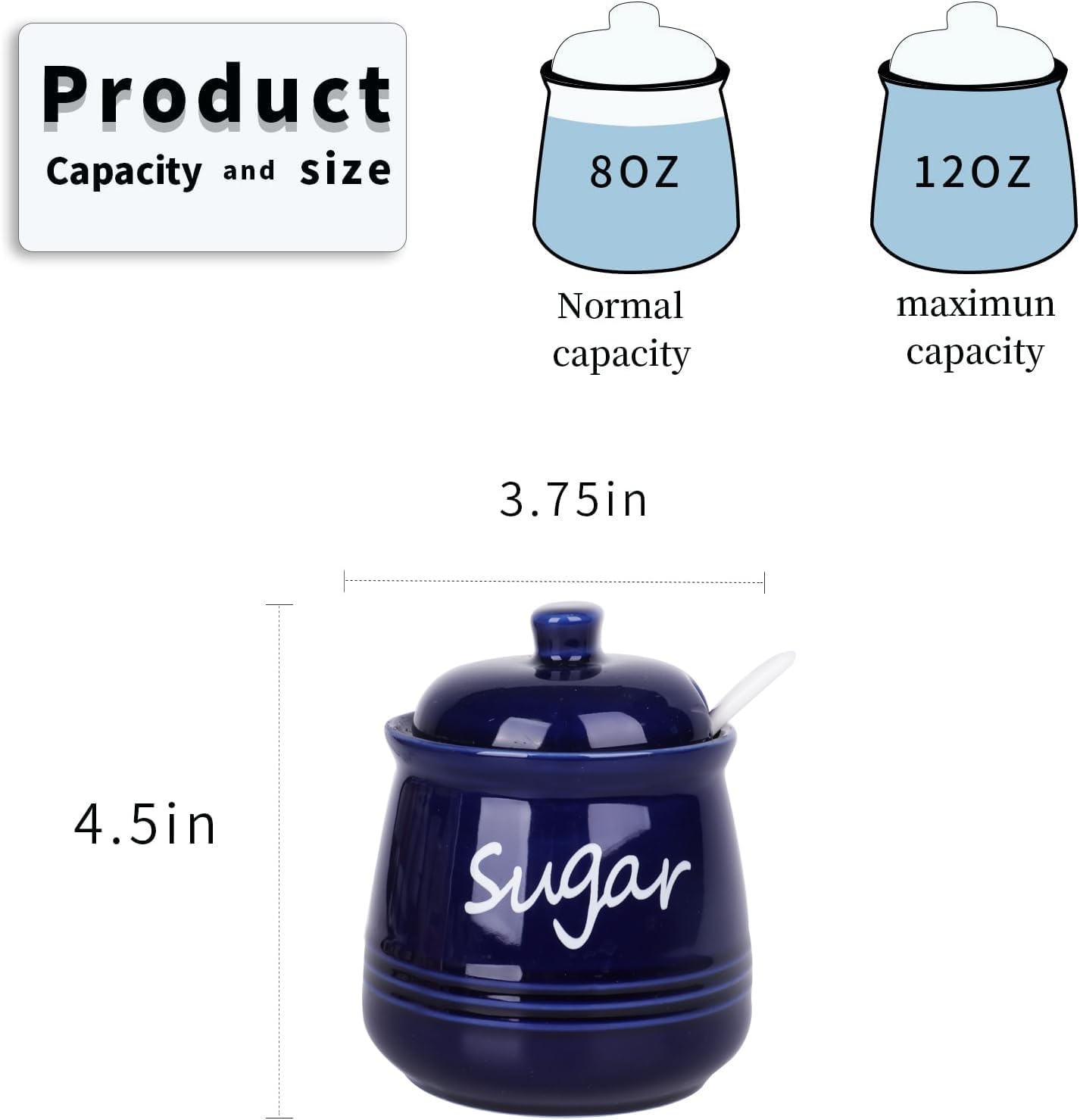 HAOTOP 12oz Sugar Bowl with Lid and Spoon,Ceramic Sugar Jar Sugar Dispenser Sugar Container Coffee Bar Accessories, Kitchen Countertop Canisters, Navy