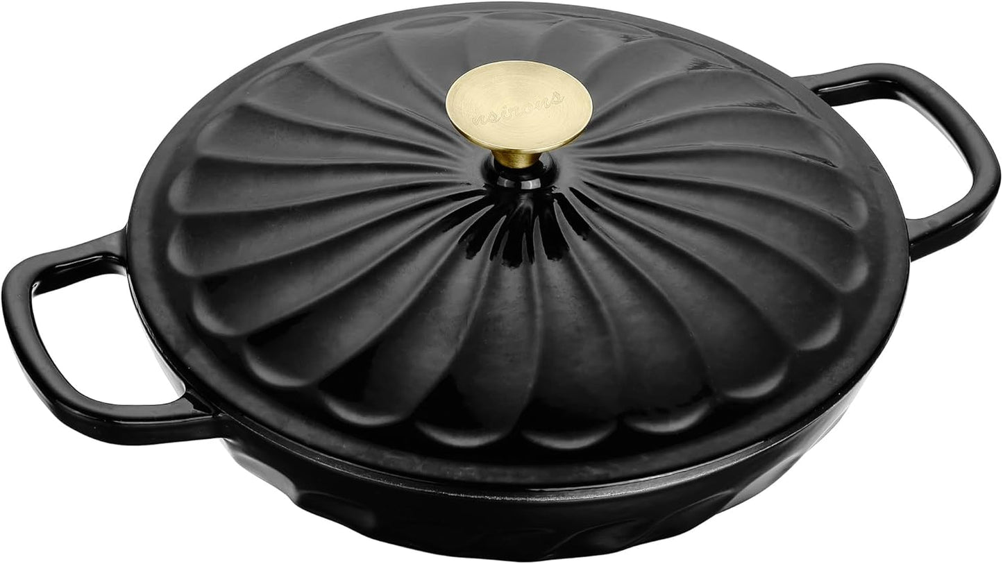 Enameled Cast Iron Braiser, 3.8 Quart Enamel Dutch Oven with Handles, Cast Iron Braiser Pan with Lid,Enameled Cookware (Black)