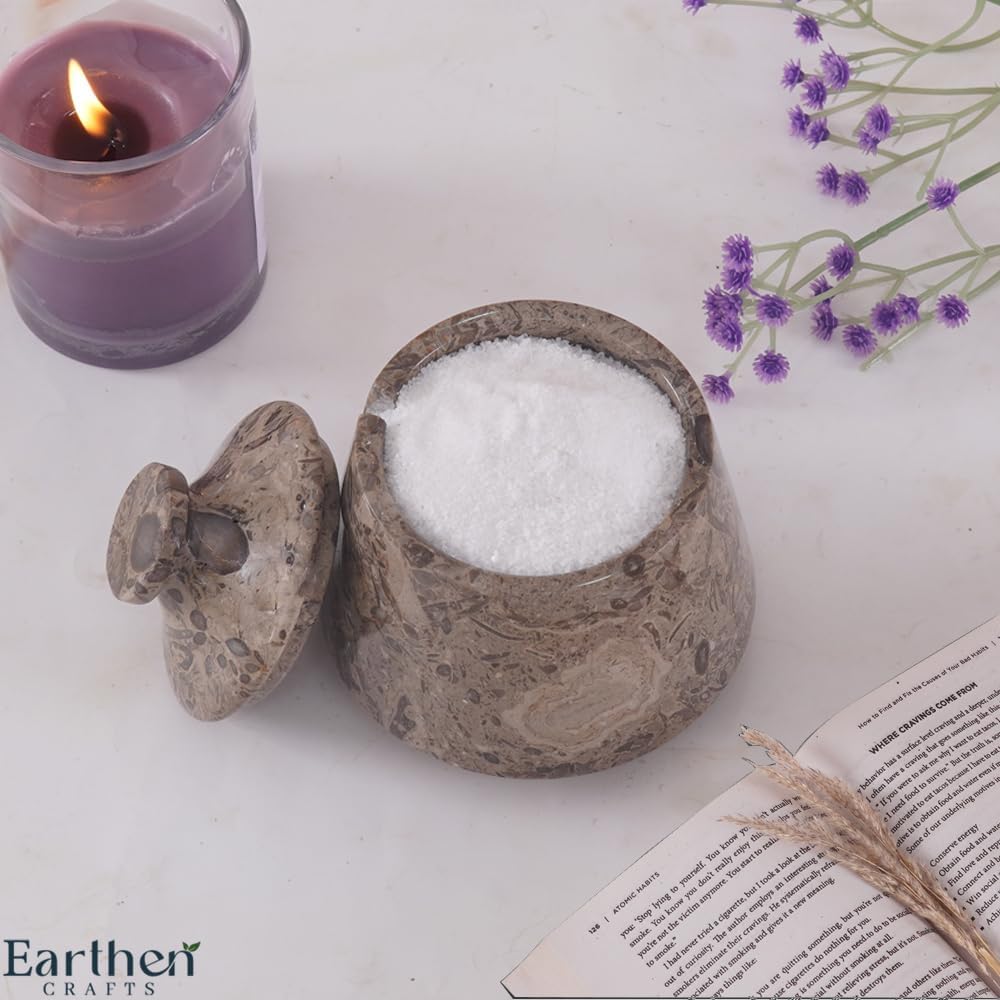 Marble Salt Cellar With Lid & Spoon Oceanic 4" Seasoning & Spice Jar Salt Container - Coffee Candy Holder For Kitchen Counter