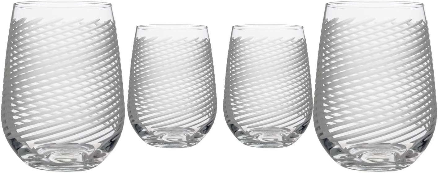 Rolf Glass Cyclone Stemless Wine Tumbler | 17 Ounce Set of 4 | Proudly Made in the USA | Large Engraved Wine Glasses | Lead-Free Glass