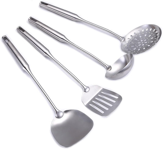 304 Stainless Steel Cooking Utensil Set 4-Piece Kitchen Utensils with Extra-Long Handles, Spatula,Ladle,Slotted Spoon,Slotted Spatula,One-Piece Construction, Ideal for Wok, Grilling, and Gifting