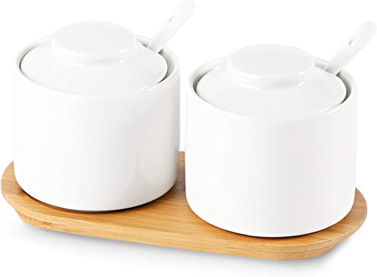 ONTUBE Ceramic Sugar Bowl with Lid and Spoon Set of 2,Porcelain Seasoning Box Salt Bowl with Tray,8oz (White)
