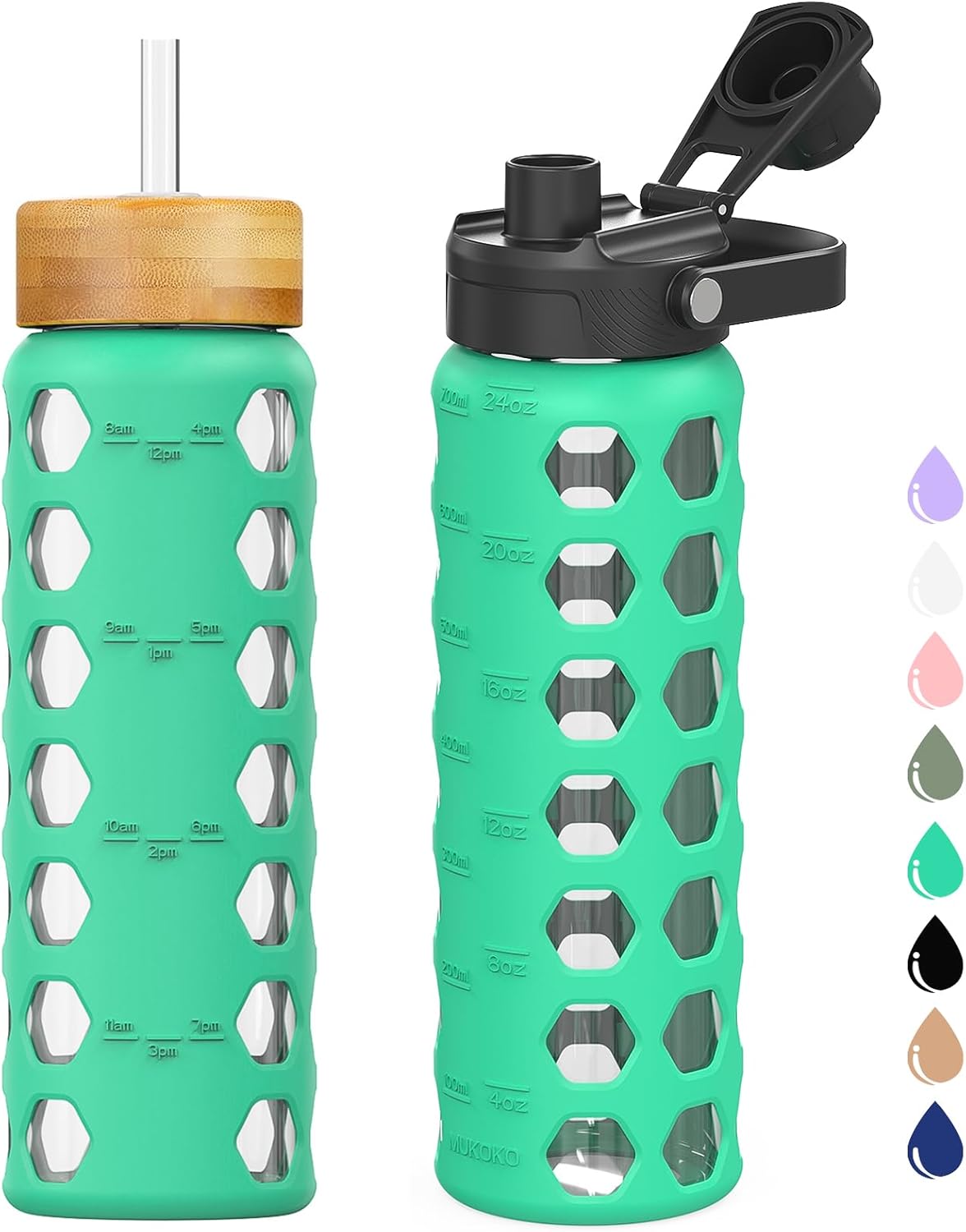 MUKOKO Glass Water Bottles, 24oz Glass Tumbler with Straw, Drinking Bottles with 2 Lids-Handle Spout Lid&Bamboo Straw Lid, Motivational Water Bottle with Time Marker and Silicone Sleeve, 1 Pack-Green