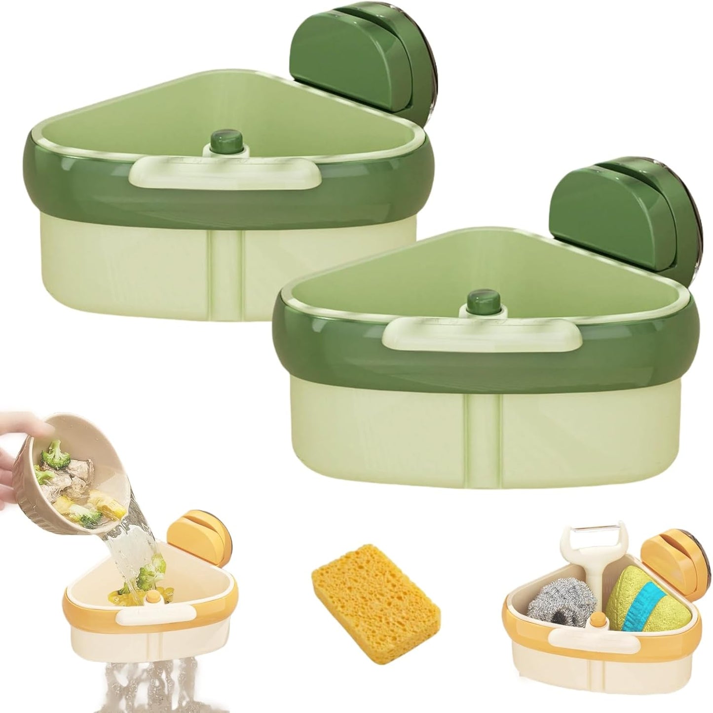 Suction Cup Sink Corner Rack, 2025 Upgraded Automatic Dumping Sink Strainer Basket, Suction Cup Press Sink Drainer Basket, No Drilling Corner Sink Strainer for Food Waste (Green, 2Pcs)