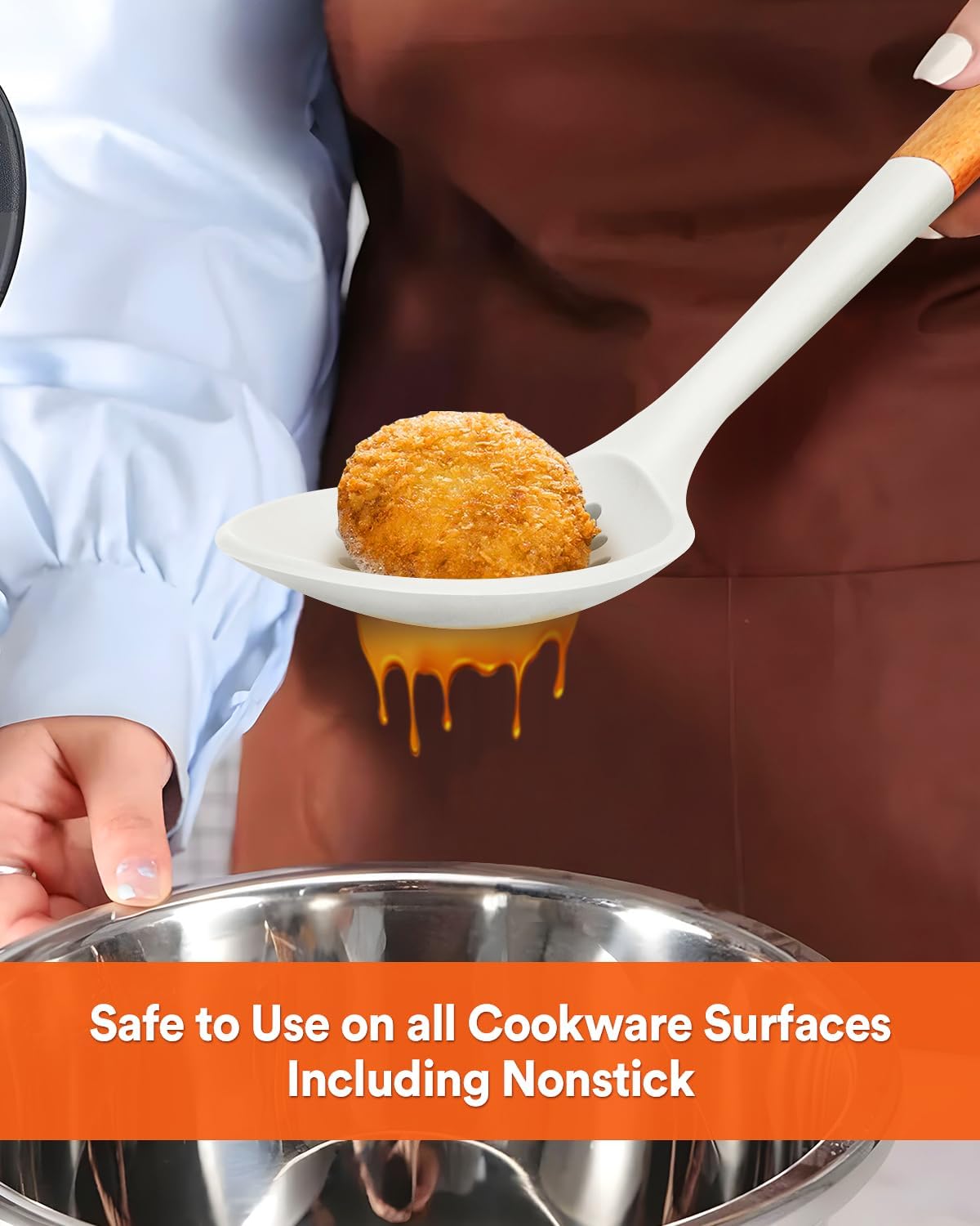 Kitchen Ladle Strainer, Large Slotted Spoon with High Heat Resistant BPA Free, Non Stick Cooking Skimmers For Draining & Frying, 13.2inch (Black & White)