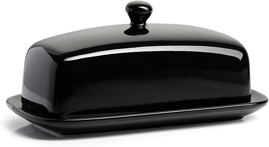 Sweese Butter Dish with Lid, Porcelain Butter Keeper, 7.8 Inch Butter Holder with Handle Cover, Butter Container Perfect for East West Coast Butter, Black