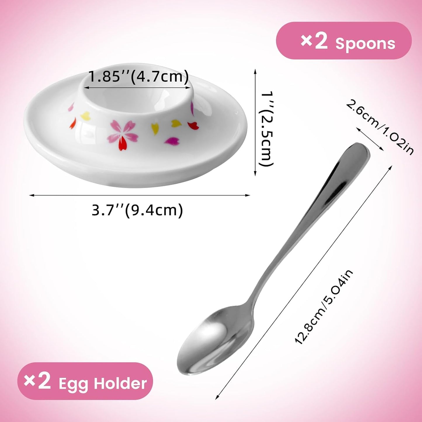 Cinf Ceramic Sakura Egg Holder Set of 2 Porcelain Holder With 2 Stainless Steels Egg Spoons Breakfast Boiled Cooking Easy to Clean Childhood Memories Kitchen