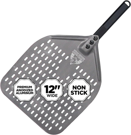 Perforated Pizza Peel - 12"x15" Anodized Aluminum Pizza Steel, 11" Handle, 26" Overall Length - Ideal Pizza Turning Peel for Pizza Oven, Brick Oven, Baking Bread