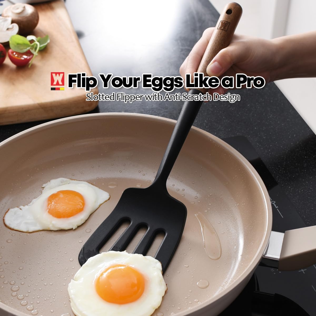 Set of 2pc Silicone Cooking Utensils: Wooden Handle Slotted Spatula + Cooking Ladle, Heat Resistant Cooking Utensil, BPA Free, Protects Surfaces with Gentle Head Design