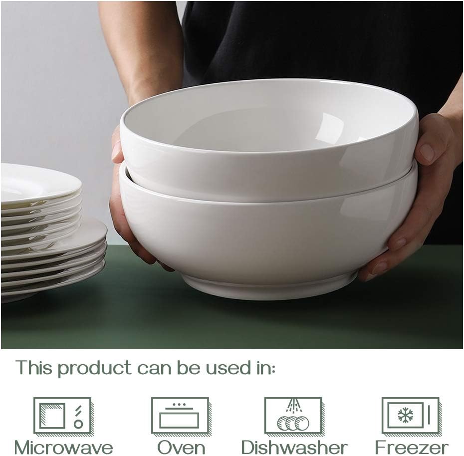 DOWAN Serving Bowls, 9.5" Large Salad Bowls for Entertaining, Side Dishes, Pho, Pasta, Centerpiece Bowls for Dinner Parties, Kitchen Decor, Microwave & Dishwasher Safe, White