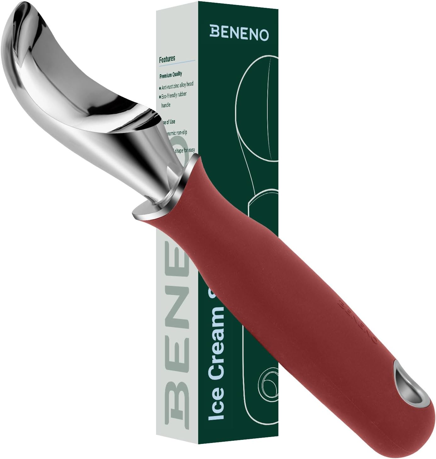 Beneno Heavy Duty Ice Cream Scoop - Upgraded Anti-Fracture Design, Comfortable Grip Long Handle, Effortless Scooping & Dishwasher Safe, Red