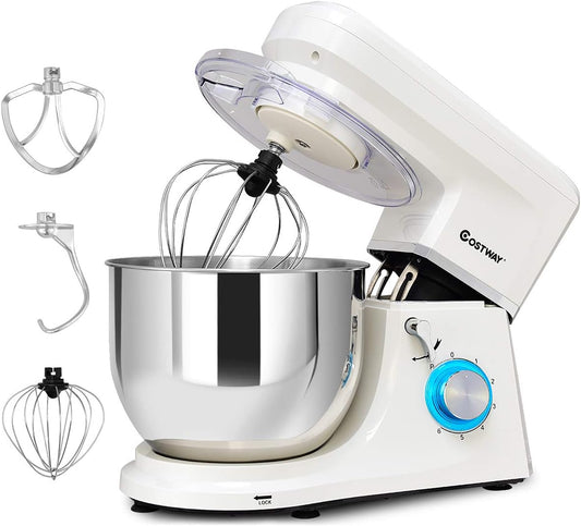 COSTWAY Stand Mixer, 7.5-Quart 660W 6-Speed Electric Mixer with Stainless Steel Bowl, Tilt-head Food Mixer with Dough Hook, Beater, Whisk (White)