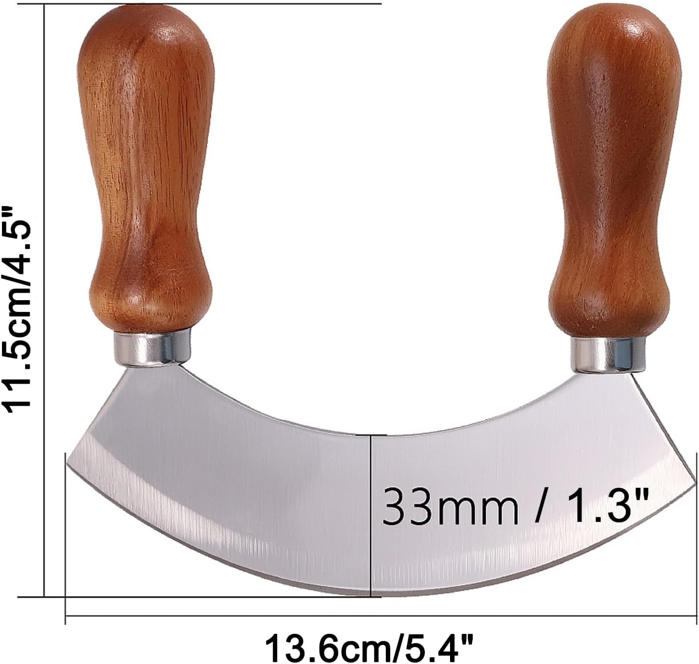 5.4 Inch Stainless Steel Mezzaluna Knife - Salad Chopper Rocker Pizza Cutter Rocker Knife Curved Blade Sharp Blade Double Acacia Wood Handle Fruit Vegetable Mincing (5.4 Inch Silver)