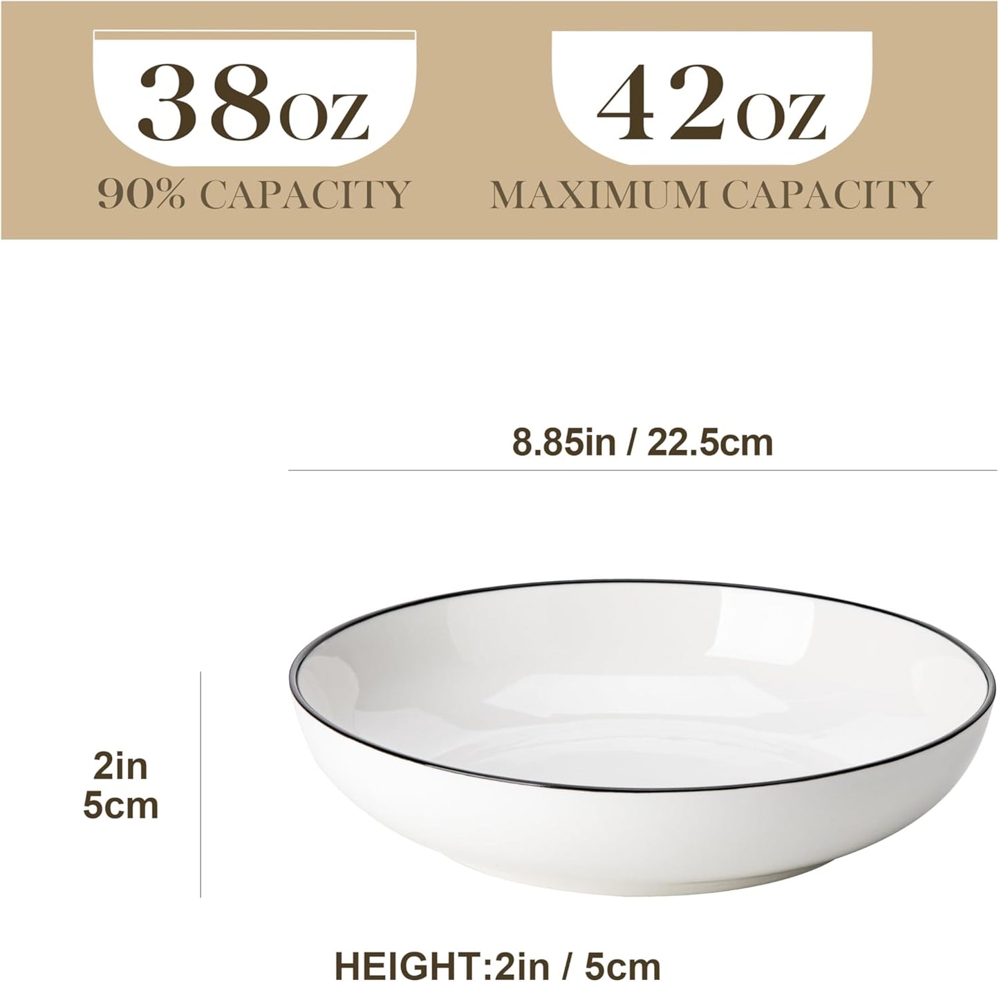 MALACASA 8.85" Large Pasta Bowls, 42 OZ White Salad Bowls Soup Bowls, Porcelain Serving Bowls Set of 4, Ivory White & Black Rim, Microwave & Dishwasher Safe, Series REGULAR