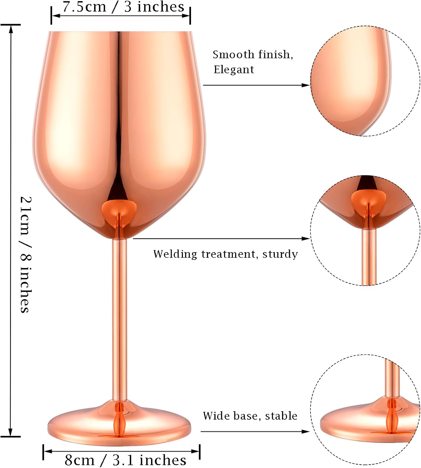 Stainless Steel Wine Glasses Set of 4 Unbreakable Wine Glass 18 oz Unique Metal Wine Goblets for Outdoor, Travel, Camping, Pool, Ideal Gift for Wine Lovers (Mirror-Rose Gold)