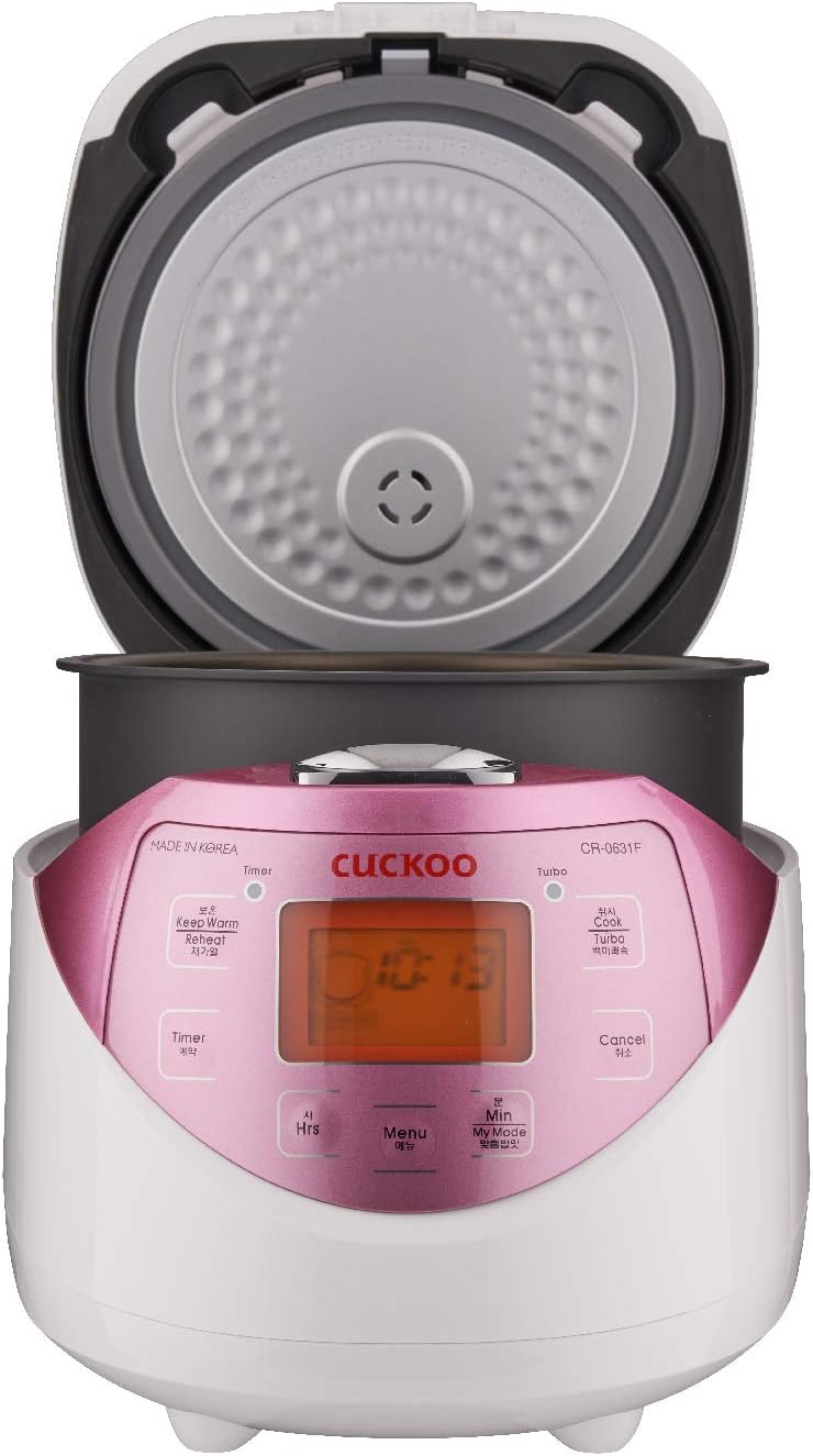CUCKOO CR-0631F 6-Cup (Uncooked) / 12-Cup (Cooked) Micom Rice Cooker with Nonstick Inner Pot, 7 Menu Modes, LCD Display, Fuzzy Logic Tech, Auto Clean (White/Pink)