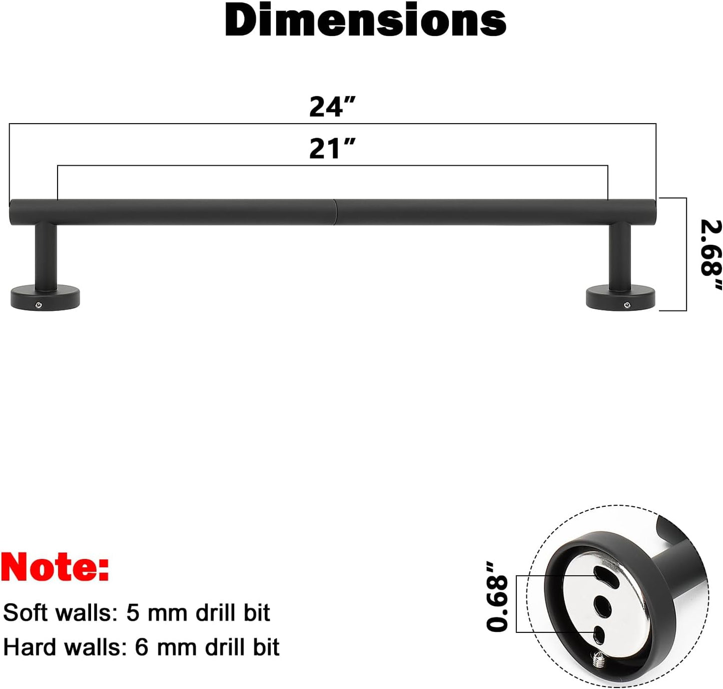 NearMoon Bath Towel Bar, Bath Accessories Thicken Stainless Steel Shower Towel Rack for Bathroom, Towel Holder Wall Mounted (1 Pack, Matte Black, 24 Inch)