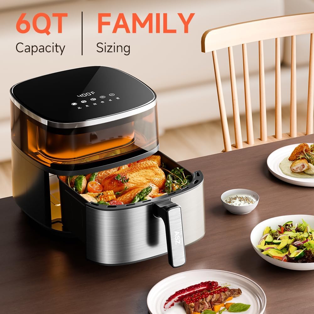 ASZ Digital Air Fryer 6qt with Window Up - 6 QT Big Airfryer 6-in-1 Presets Preheat Airfry Reheat Bake Roist Broil 400°F Airfrier 85% Oil Less,Nonstick Dishwasher-Safe Parts, Automatic Shutoff