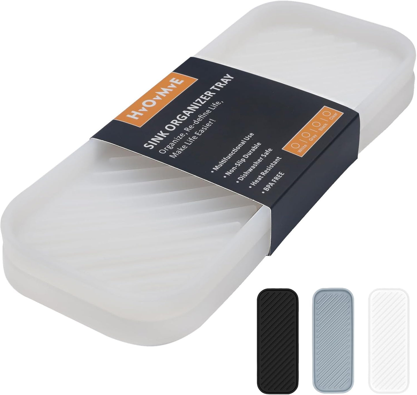 Silicone Organizer Tray, Soap and Sponge Holder for Kitchen Sink, Bathroom - Storage Tray for Dish Brush, Soap Dispenser, Dishwashing Accessories- 2 Pack (Clear)