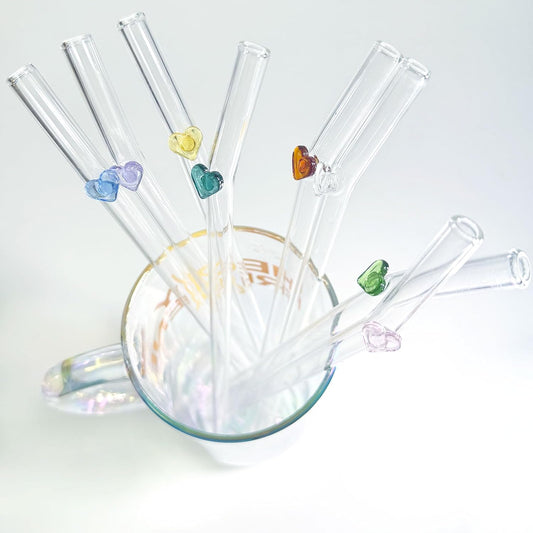 Reusable Glass Straws 8 Colorful Heart-Shaped Bent Straws with Cleaning Brushes, 8"x 0.3" Thick Clear Drinking Straw Set High Borosilicate Glass Drinking Straw for Tumblers 10 Pack Gift Wrap