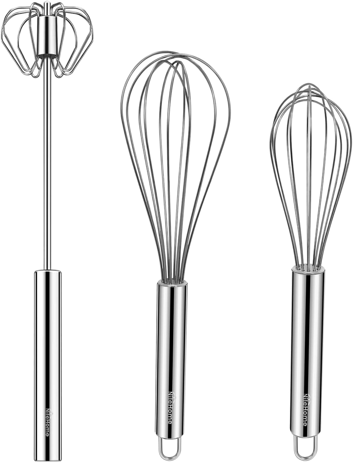 NileHome Stainless Steel Whisk Set 8" 10" Hand Blender + 12" Semi-Automatic Rotary Kitchen Whisk Kitchen Wisk Wire Whisks for Cooking, Whisking, Blending, Beating, Stirring- 3 Pack...