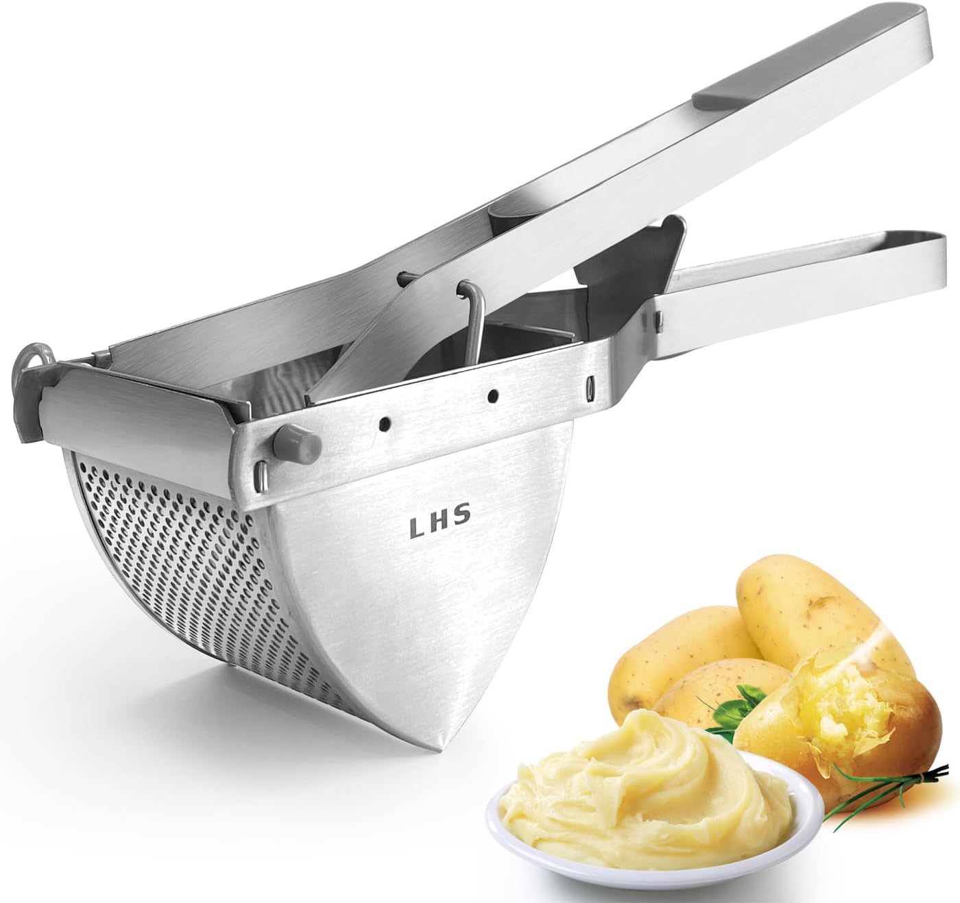 LHS Stainless Steel Potato Ricer and Masher, Heavy Duty Commercial Food Masher, Ergonomic Comfort Grip, Extra Large Capacity, Dishwasher Safe (Grey)