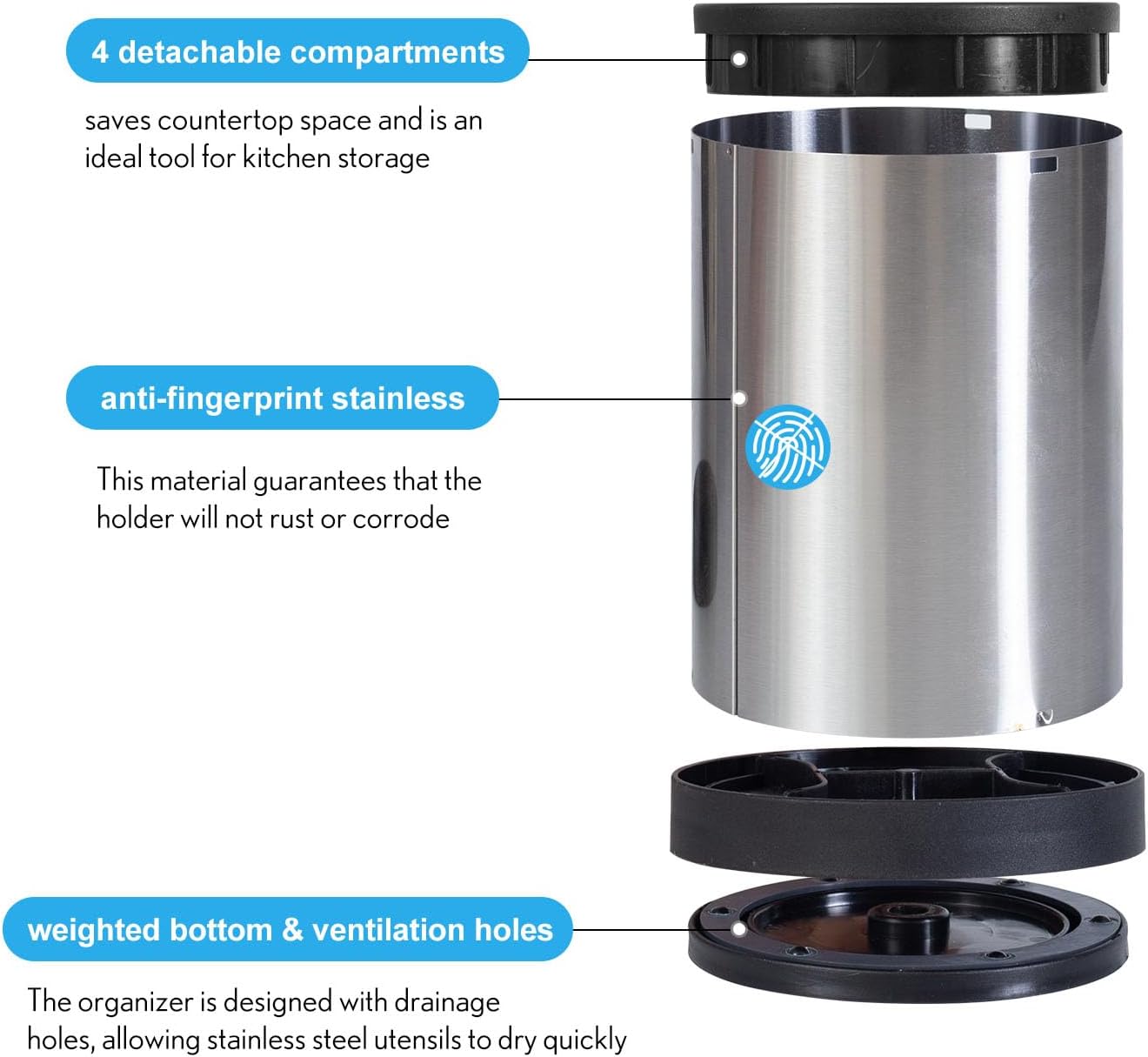 Stainless Steel Kitchen Utensil Holder,360° Rotating Utensil Holder for Counter Organizer with Weighted Base, Cooking Silverware Caddy Flatware 4 Compartment Flatware Spoon Spatula Lazy Susan（Silvery）