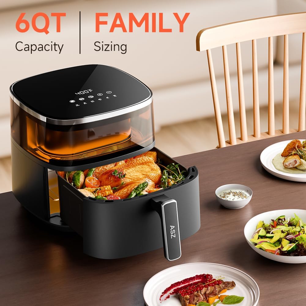 ASZ Digital Air Fryer 6 qt with Window Up - Big Airfryer 6 Presets Preheat Airfry Reheat Bake Roist Broil 400°F Airfrier 85% Oil Less,Nonstick Dishwasher-Safe Parts, Automatic Shutoff