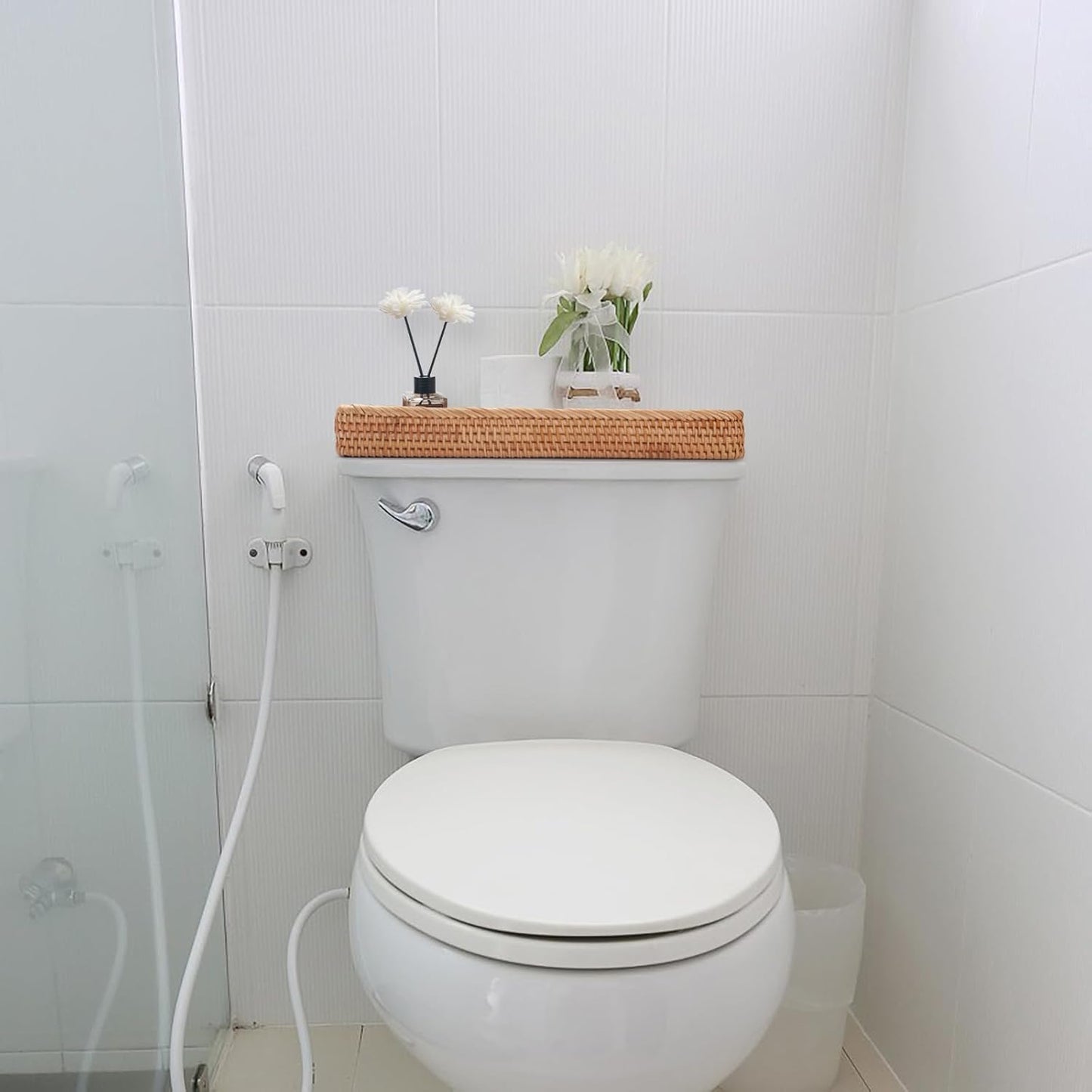 Rattan Bathroom Vanity Trays Toilet Tank Baskets Long Narrow Hand Towel Storage Basket for Storage, Decorative (Natural 16.3 x 6.1 x 2 inch)