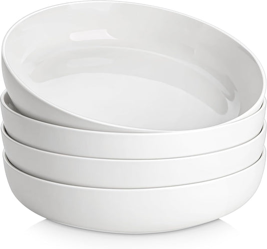 MALACASA 48 Oz Pasta Bowls Set of 4, 9 Inch Salad Bowls, White Ceramic Serving Bowls for Kitchen, Microwave & Dishwasher Safe, Series LUNA, White