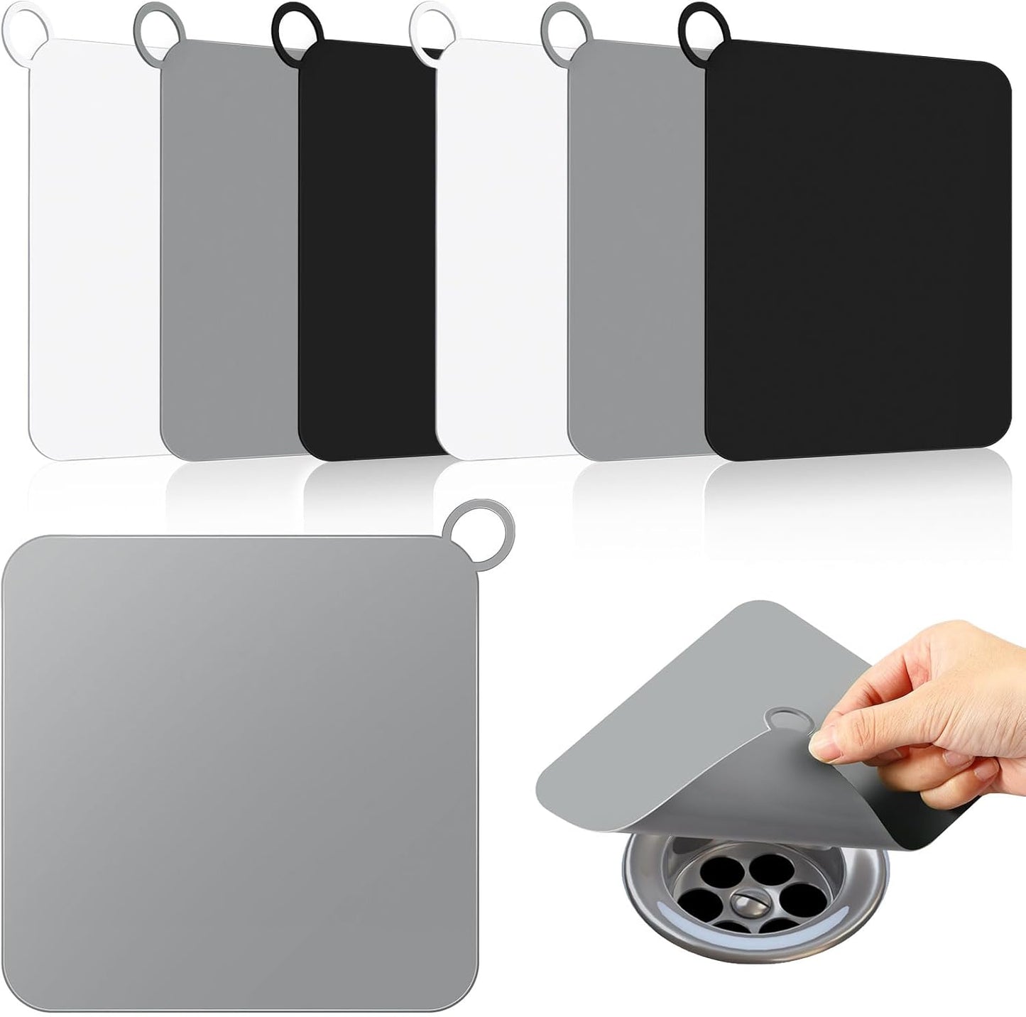 Yinkin 6 Pcs Drain Covers to Keep Bugs Out Silicone Shower Floor Tub Stoppers Bathtub Drain Stoppers Sewer Anti-Odor Mats Deodorizing Plugs for Bathroom(6 x 6 Inch,Square,White, Grey and Black)