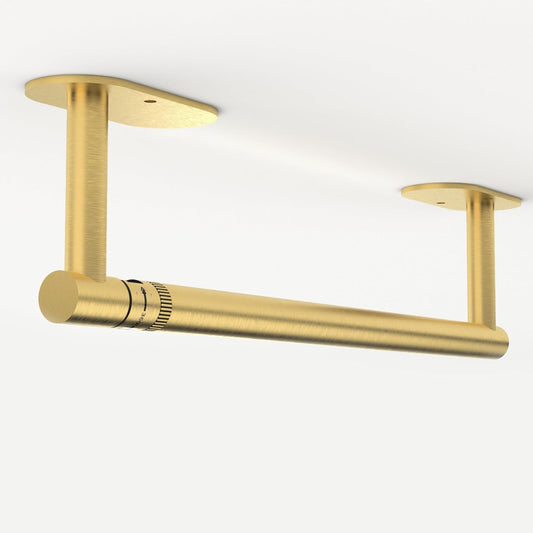 Ruacq Brushed Gold Paper Towel Holder Double Post Pivoting Round Base Under Cabinet Paper Towel Holder for Kitchen Self-Adhesive or Drill mounting