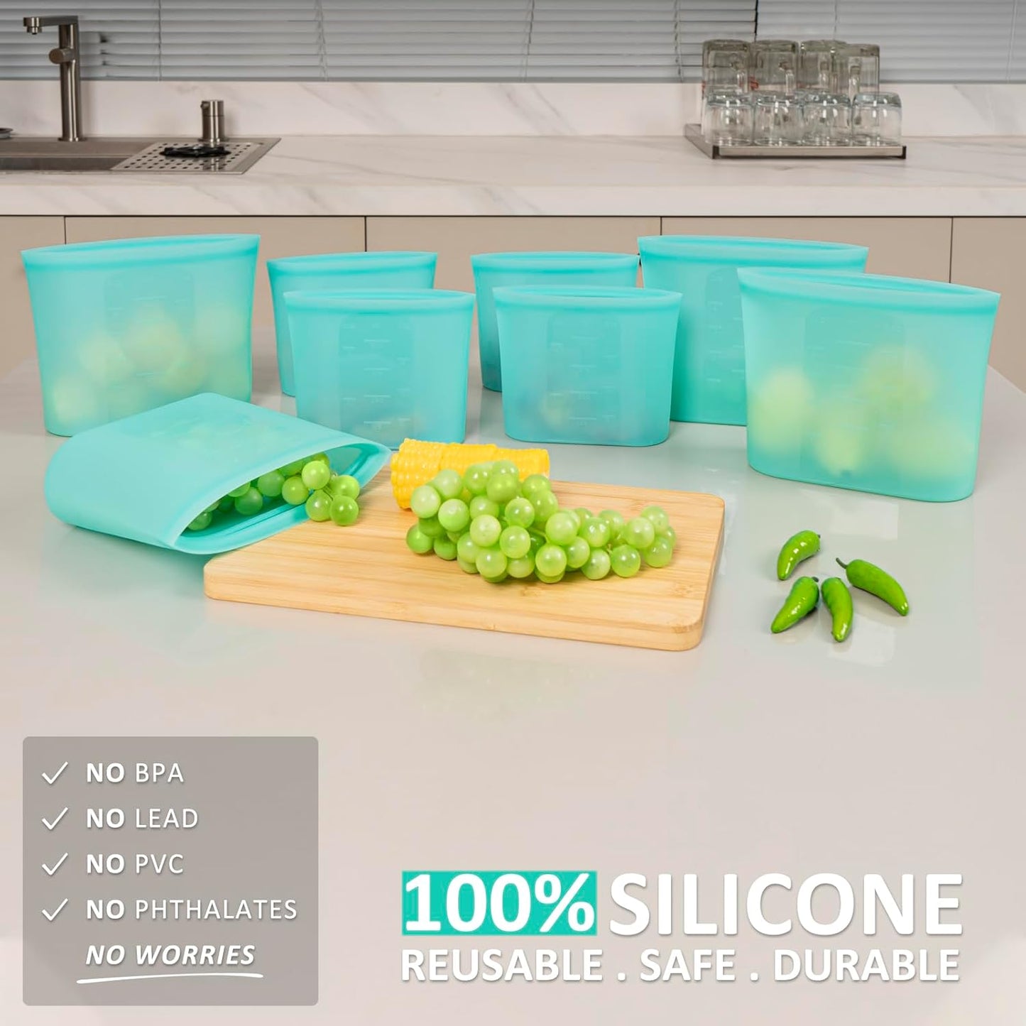 Reusable Sandwich & Snack Bags, 8 Pack 100% Silicone Food Storage Bags Stand Up Zip Lock for Food Container, Freezer Microwave Oven Dishwasher Safe, 4 Small 4 Extra Small, Aqua