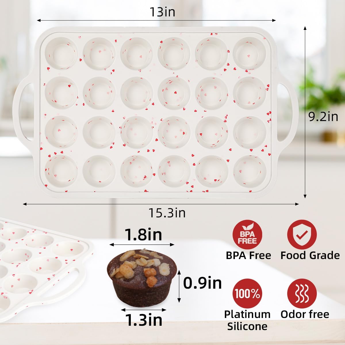 Mini Muffin Pan, Metal Reinforced Frame Mini Cupcake Pans 24 Cups Nonstick Muffin Silicone Molds with Handle for Baking Muffins, Cupcakes, Egg Bites 2 Pack Heart-Shaped