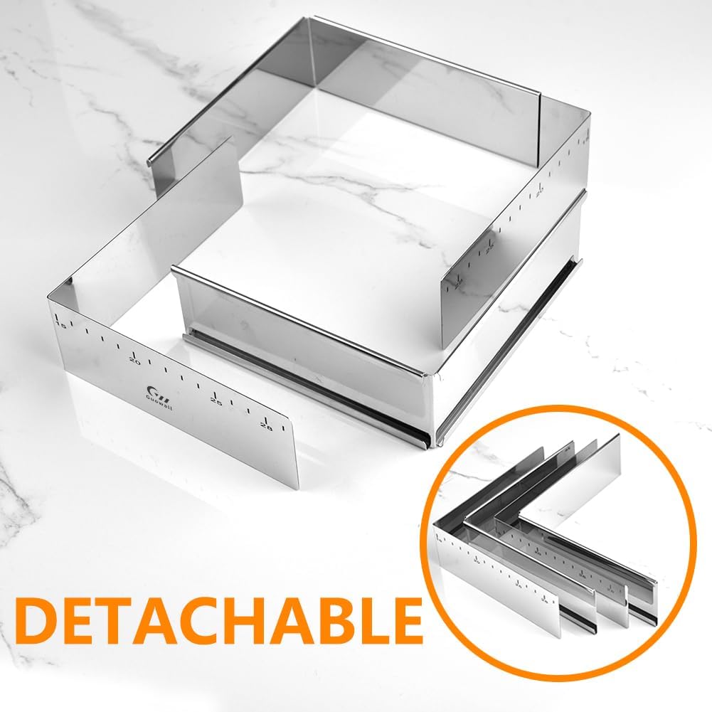 Guowall Stainless Steel Extensible Cake Ring Mold Adjustable Square Shaped Mousse Ring Detachable Nonstick Cake Cutter for DIY Baking - 6in