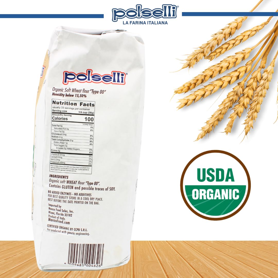 POLSELLI Organic Flour, Type 00, 100% Italian Grain, Double Zero Flour, OO Extra Fine, BIO, Neapolitan Italian Pizza, Bread, Pasta, All Natural, Unbleached, All-Purpose Flour, Unbromated, No Additives