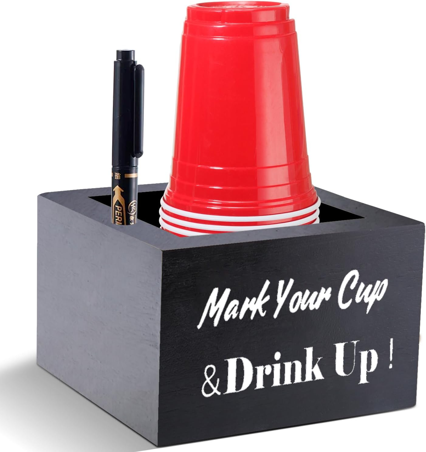 Wooden Party Cup Holder - With Marker Slot, Rustic Disposable Cup Holder for Bar, Kitchen, Countertop, Home & Office, Black