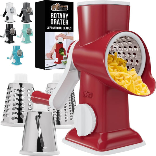 GORILLA GRIP BPA-Free Rotary Cheese Grater Hand Crank, Easy to Set Up, Strong Suction Base for Kitchen Countertop, Shred Potato, Vegetable, Nuts in Seconds, Round Mandoline Slicer, 3 Blades, Red