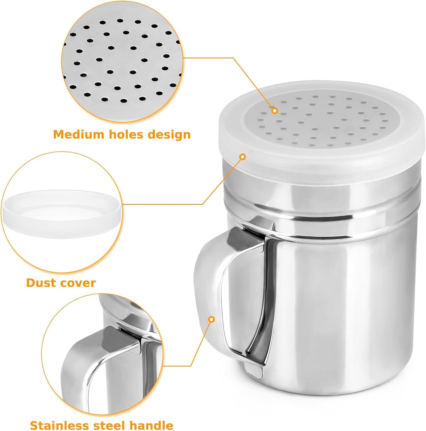 Accmor 2pcs Stainless Steel Dredge, Salt Pepper Dredge Shakers with Handle, Seasonings Spice Shakers with Lid, 10 Ounce