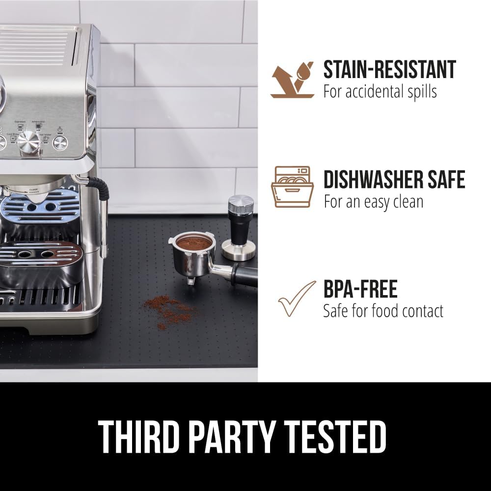 GORILLA GRIP Silicone Coffee Mat, Espresso Drink Bar Station Accessories, Use Under Machine, Waterproof Heat Resistant Multi-Use Dish Drying Mats, Stays in Place, Kitchen Home Decor, 11.5x18.5, Black