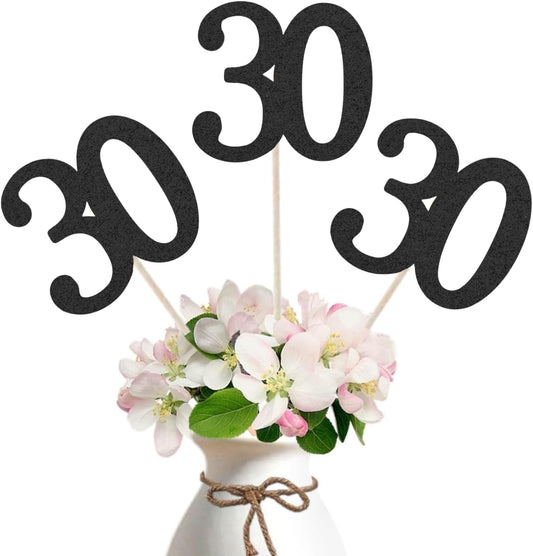 10-Pack Double Sided Glitter 30th Birthday Centerpiece Anniversary Centerpiece Sticks, Number 30 Table Topper Cake Topper for 30th Birthday Anniversary Table Party Decorations (Double Sided black)
