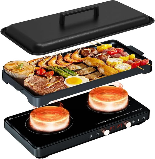 Portable Double Induction Cooktop with Removable Non-Stick Cast Iron Griddle Pan, 2 Burner Electric Stove with Timer & Digital Temperature Control, Black