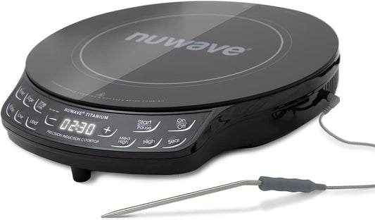 Nuwave Upgraded Induction Cooktop, 3 Wattage Control, Patented Digital Temp Probe, 8”Large Heating Coil, 12”Shatter-Proof Ceramic Glass,106 Temps-Ctrl