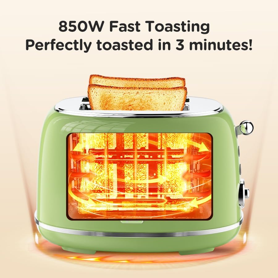 Toaster Retro 2 Slice, Vintage Green Toaster with Lid, with Bread Attachment, Preheat, Defrost And Cancel Functions, 6 Browning Levels (Green)