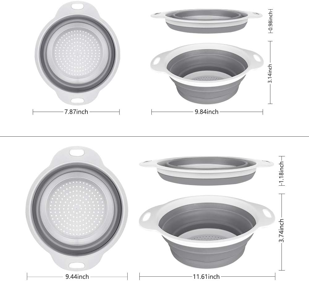 QiMH Collapsible Colander and Strainer Set of 3-2 PC 4 Quart(1 gal) and 1 PC 2 Quart(0.5 gal) - BPA Free & Dishwasher-safe Silicone Kitchen Foldable Strainer for Pasta, Veggies
