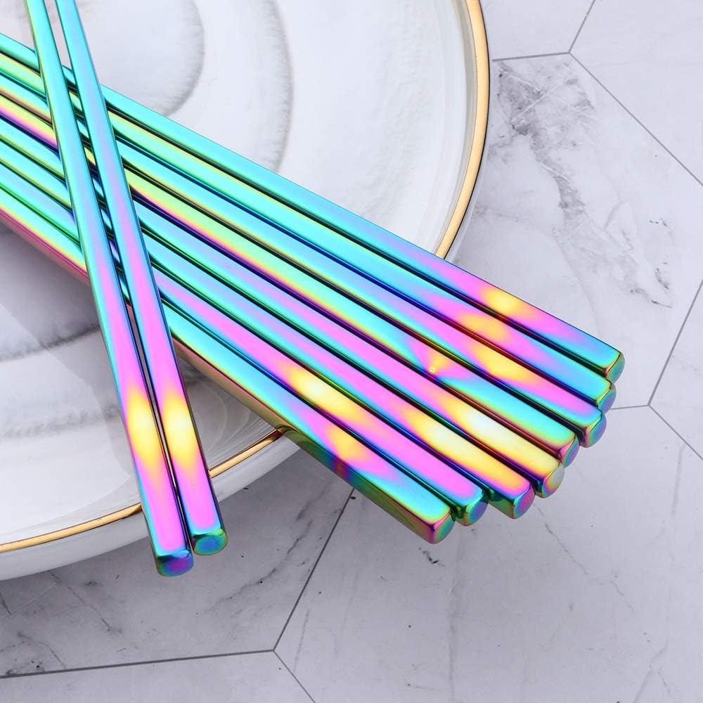 Buyer Star Rainbow Stainless Steel Chopsticks - 5-Pair Reusable Chinese Square Chopsticks